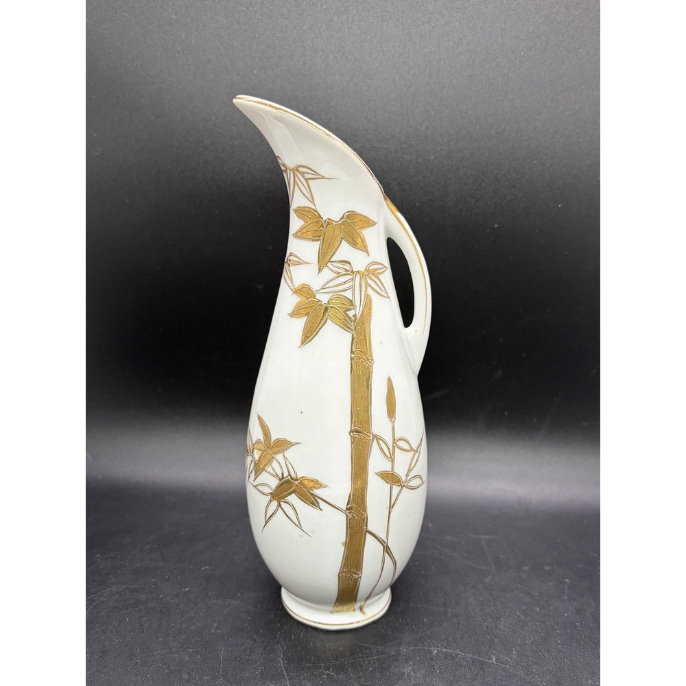 Vintage Bud Vase White with Gold Bamboo Design - 7.25"T - Japan